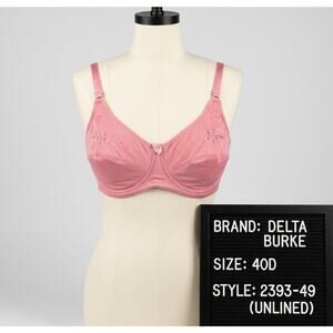 Delta Burke Unlined Full Coverage Bra 40D Pink Floral Embroidery